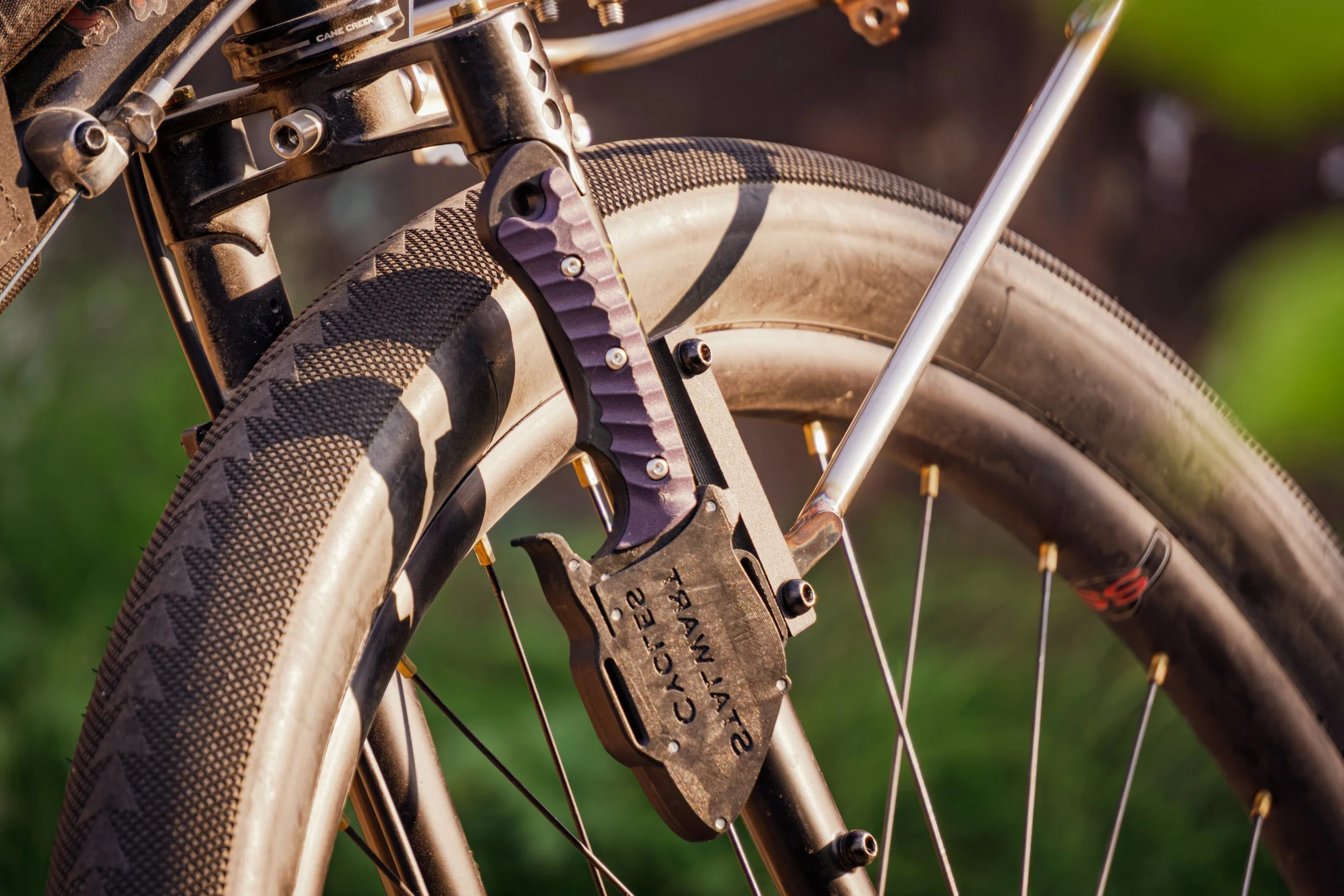 Stalwart Cycles Stinger Camp Knife Mounts to Cargo Bosses